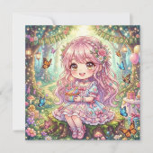 ピンクのちびキャラ女子とカップケーキのバースデーパーティー 招待状 (正面)