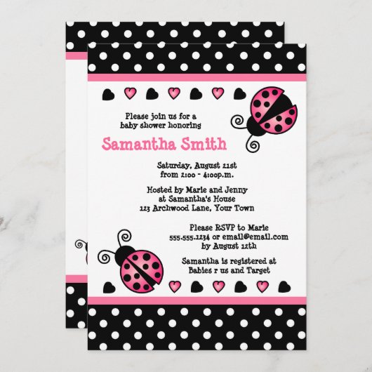 ピンクのてんとう虫のベビーシャワーの黒く及び白い水玉模様 招待状 (正面/裏面)