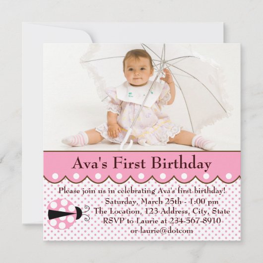 ピンクのてんとう虫の女の子の写真 1歳の誕生日パーティー 招待状 (正面)