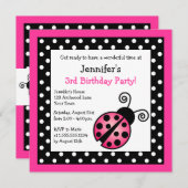 ピンクのてんとう虫の誕生日 - 黒と白の水玉模様 招待状 (正面/裏面)