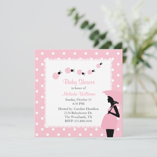 ピンクのてんとう虫及び水玉模様のカスタムなベビーシャワー 招待状 (スタンド正面)