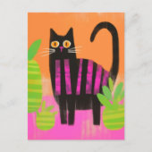 ピンクのと観葉植物ストライプを持つ黒猫 ポストカード (正面)