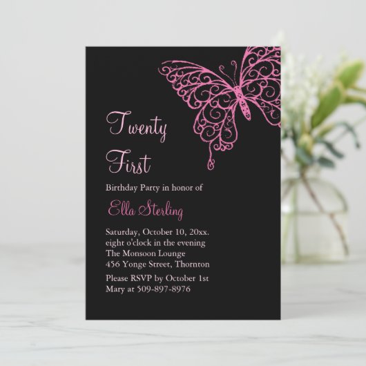 ピンクのなびく蝶20最初誕生日 招待状 (スタンド正面)
