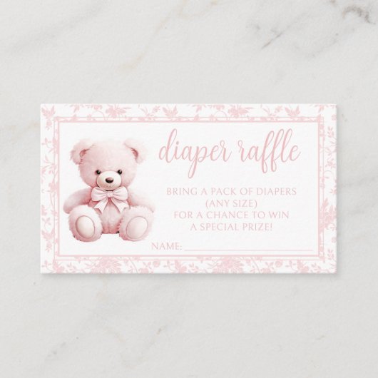 ピンクのぬいぐるみベビーガールシャワーおむつラッフル エンクロージャーカード (正面)