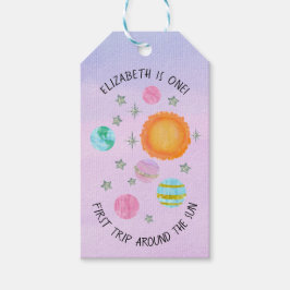 ピンクののまわりに最初の旅サンガールの1歳の誕生日 ギフトタグ