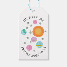 ピンクののまわりに最初の旅サンガールの1歳の誕生日 ギフトタグ