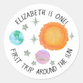 ピンクののまわりに最初の旅サンガールの1歳の誕生日 ラウンドシール (正面)