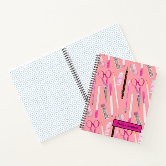 ピンクのはさみペン鉛筆の消しゴムのマーカーをパーソナライズ ノートブック (内部)