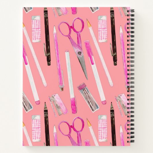 ピンクのはさみペン鉛筆の消しゴムのマーカーをパーソナライズ ノートブック (裏面)