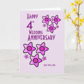 ピンクのはっきりしたな花のデザインの第4結婚記念日 カード (黄色い花)
