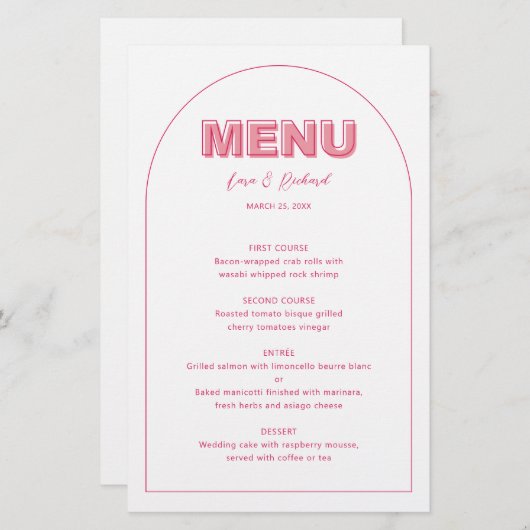 ピンクのはっきりしたアウトライン結婚タイプのメニューカード (正面/裏面)