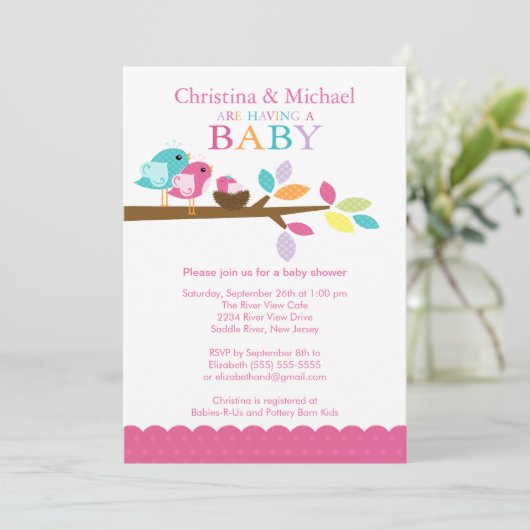 ピンクのひな鳥の巣のベビーシャワー招待状 招待状 (スタンド正面)