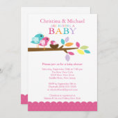 ピンクのひな鳥の巣のベビーシャワー招待状 招待状 (正面/裏面)