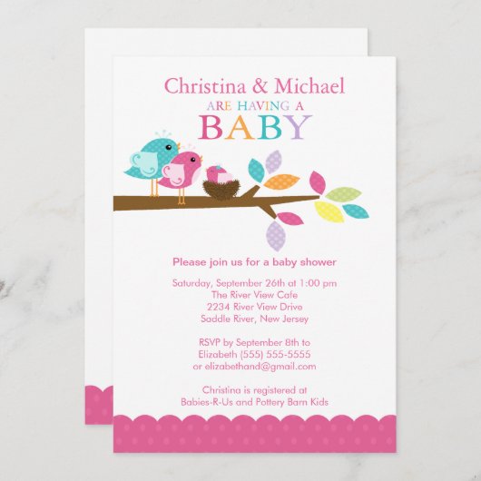 ピンクのひな鳥の巣のベビーシャワー招待状 招待状 (正面/裏面)