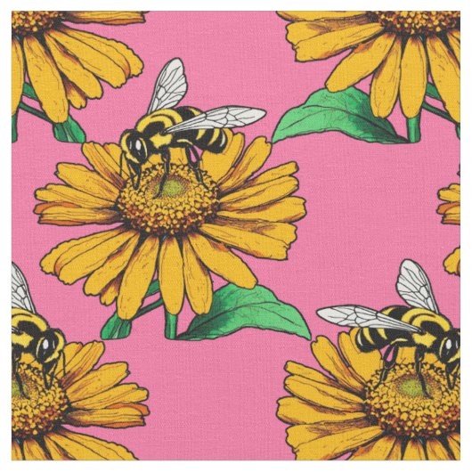 ピンクのひまわりの花柄デザインのミツバチ ファブリック (クローズアップ)