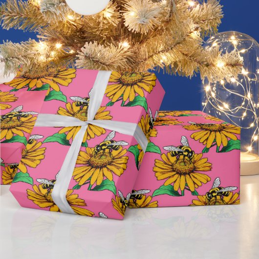 ピンクのひまわりの花柄デザインの蜂 ラッピングペーパー (クリスマス)
