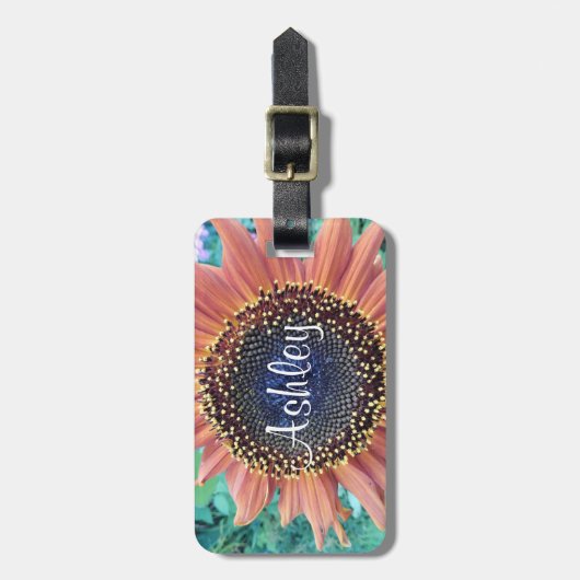 ピンクのひまわりフォトパーソナライズされたフローラ ラゲッジタグ (正面縦)