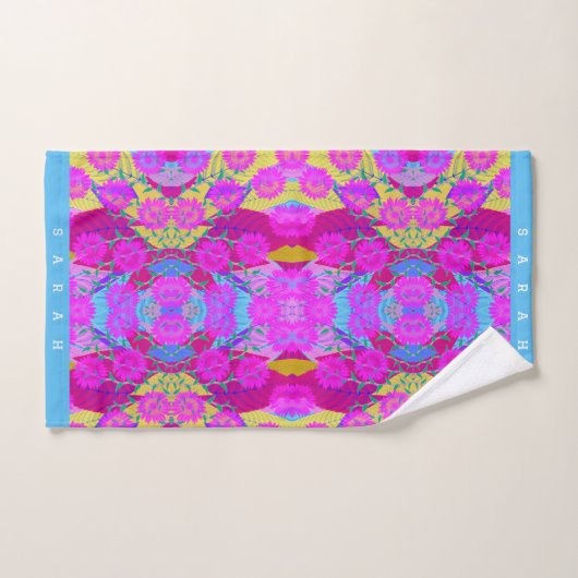 ピンクのひまわり葉熱帯モダンフローラ ハンドタオル (ハンドタオル)