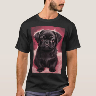 ピンクのふかふかクッションの上の黒いパグ Tシャツ