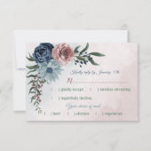 ピンクのほこりっぽい青い海軍の花の緑の食事の選択 出欠カード (正面)