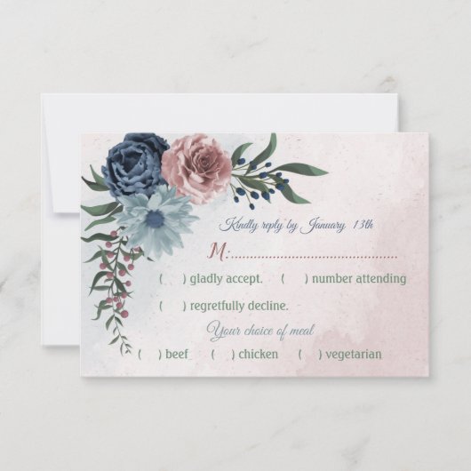 ピンクのほこりっぽい青い海軍の花の緑の食事の選択 出欠カード (正面)