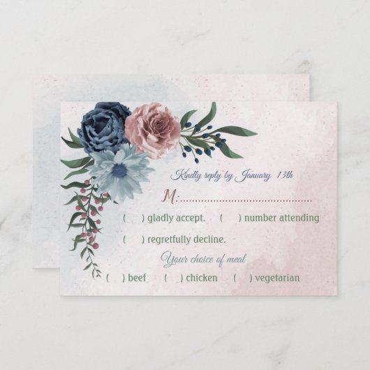 ピンクのほこりっぽい青い海軍の花の緑の食事の選択 出欠カード (正面/裏面)