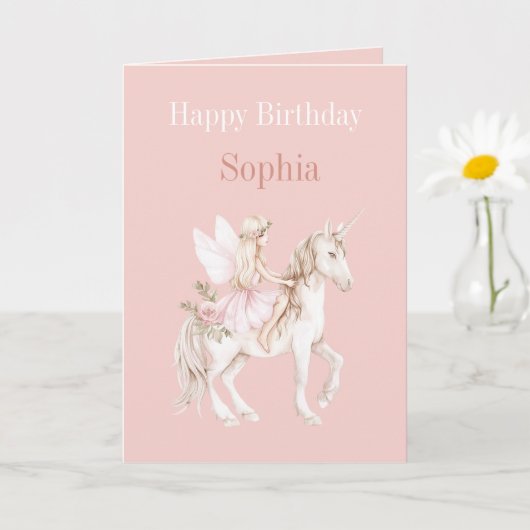 ピンクのほっぺのキュートな妖精の羽ドレス ユニコーンの誕生日 カード (小さな植物)