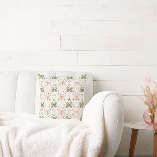 ピンクのほんのり赤みのあるミントグリーンの蝶 クッション (ソファ)