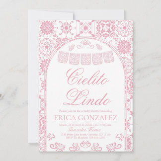 ピンクのほんのり赤らむ顔のCielito Lindo Papel Picado ベビーシャワー 招待状
