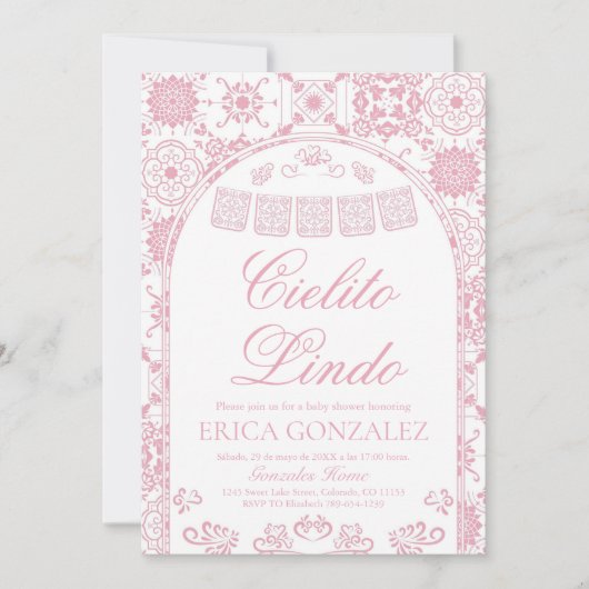 ピンクのほんのり赤らむ顔のCielito Lindo Papel Picado ベビーシャワー 招待状 (正面)