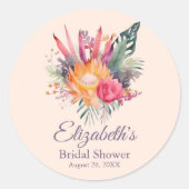 ピンクのぼかしトロピカルフラワーのブライダルシャワー ラウンドシール (正面)