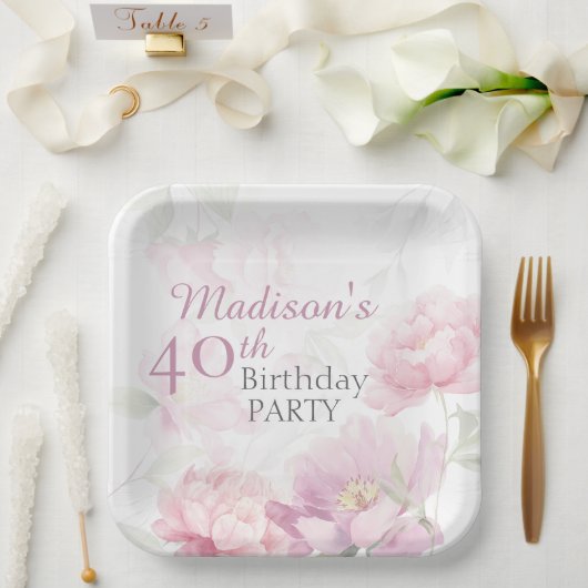 ピンクのぼかしペイントの芍薬 40歳の誕生日 ペーパープレート (ウェディング)