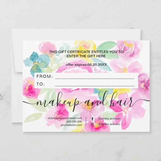 ピンクのゆったりとしたフローラの水色のギフト証明書 (裏面)