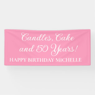 ピンクのろうそく、ケーキ 50歳の誕生日 名前 横断幕