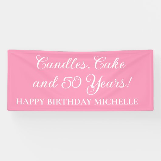 ピンクのろうそく、ケーキ 50歳の誕生日 名前 横断幕 (横)