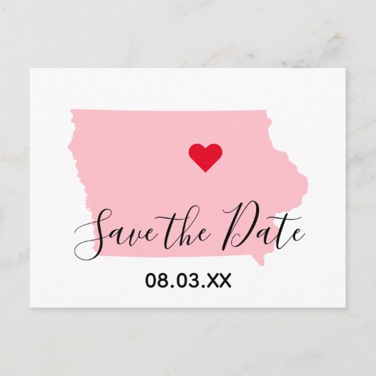 ピンクのアイオワ州 赤いハート Save the Date 案内ポストカード (正面)
