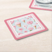 ピンクのアイスクリームと花縁ど付き スクエアペーパーコースター (アングル)