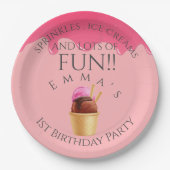 ピンクのアイスクリームをテーマにした少女の最初の誕生日パーティー ペーパープレート (正面)