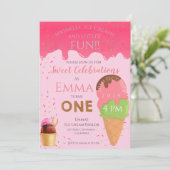 ピンクのアイスクリームをテーマにした少女の最初の誕生日パーティー 招待状 (スタンド正面)