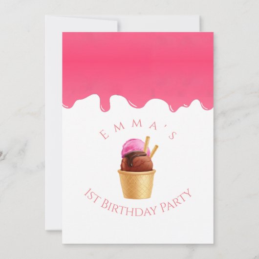 ピンクのアイスクリームをテーマにした少女の最初の誕生日パーティー 招待状 (裏面)