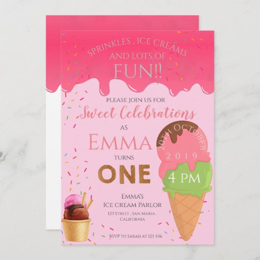 ピンクのアイスクリームをテーマにした少女の最初の誕生日パーティー 招待状 (正面/裏面)