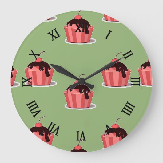 ピンクのアイスクリームカップ(緑) ラージ壁時計 (正面)