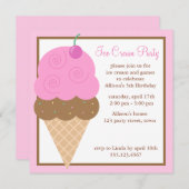 ピンクのアイスクリームコーンの子供の誕生日のパーティー 招待状 (正面/裏面)