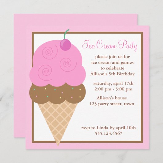 ピンクのアイスクリームコーンの子供の誕生日のパーティー 招待状 (正面/裏面)