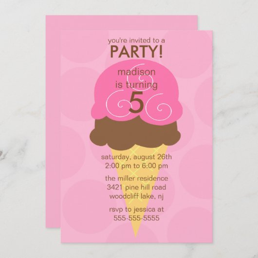 ピンクのアイスクリームコーンの誕生日の招待状 招待状 (正面/裏面)