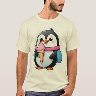ピンクのアイスクリームコーンを持つかわいいペンギンのキャラクター Tシャツ