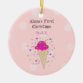 ピンクのアイスクリームコーン 赤ちゃんの最初のクリスマス セラミックオーナメント