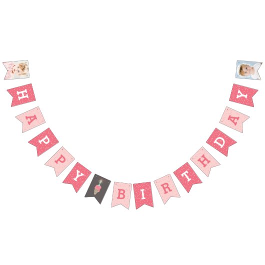 ピンクのアイスクリームスパークラー幸せ1st誕生日バナー バンティングフラッグ (全)