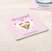 ピンクのアイスクリームハート ブライダルシャワープレート スクエアペーパーコースター (アングル)