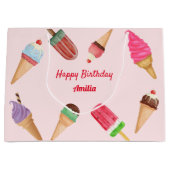 ピンクのアイスクリームパーティー誕生日ベイビーシャワープレゼントバッグ ラージペーパーバッグ (正面)